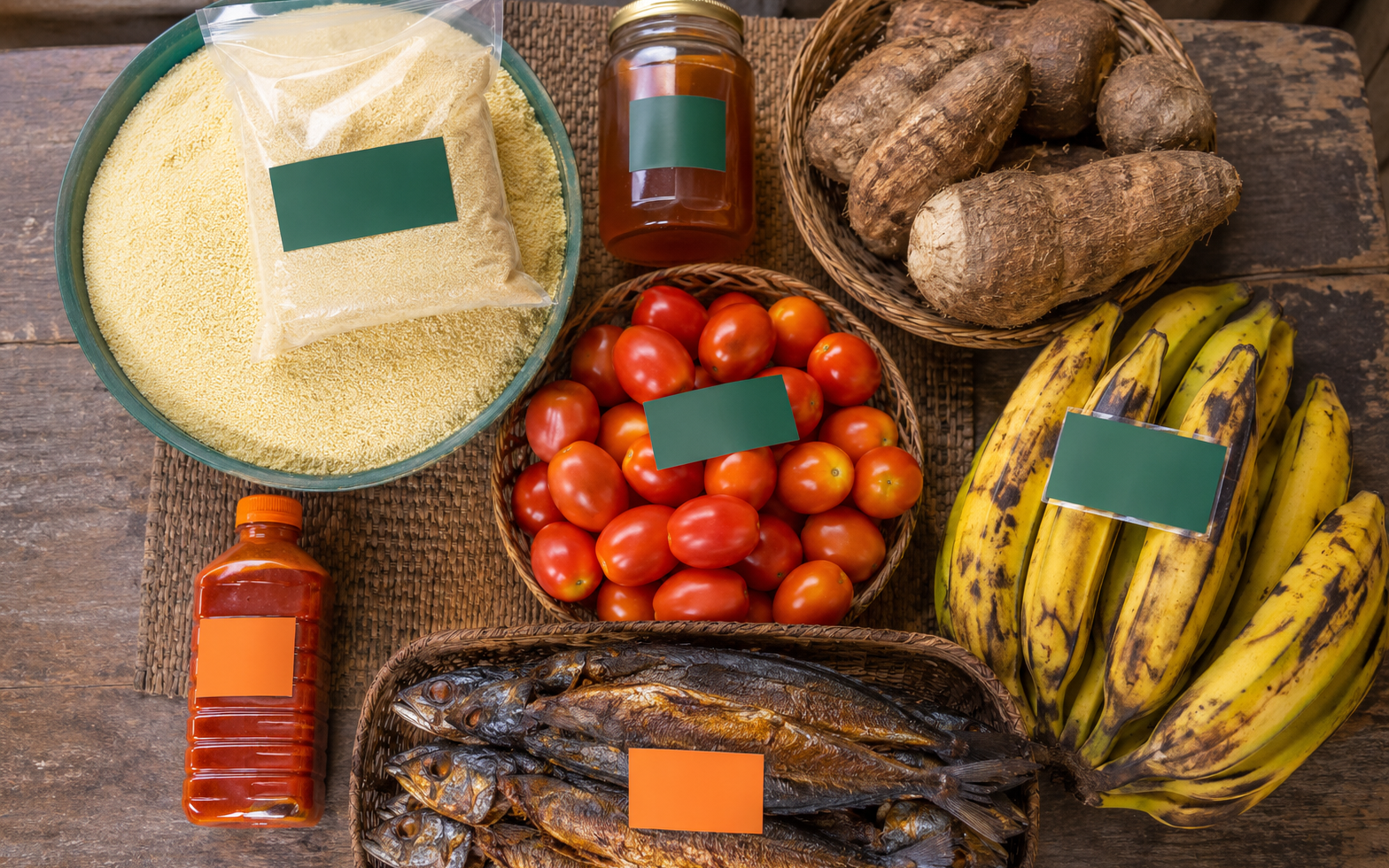 Produce and pantry goods arranged for a market collection